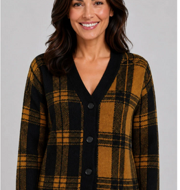Ethyl Ethyl Black/Gold Plaid Button Up Long Sleeve Cardigan Sweater