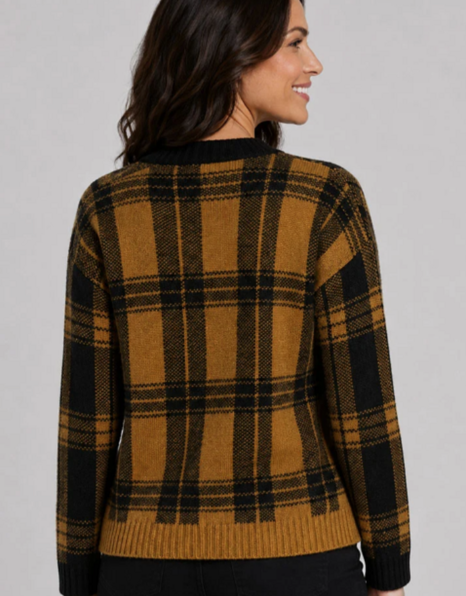 Ethyl Ethyl Black/Gold Plaid Button Up Long Sleeve Cardigan Sweater