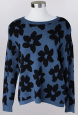 Keren Hart Keren Hart Denim Color Floral Black Print Round Neck Long Sleeve Sweater