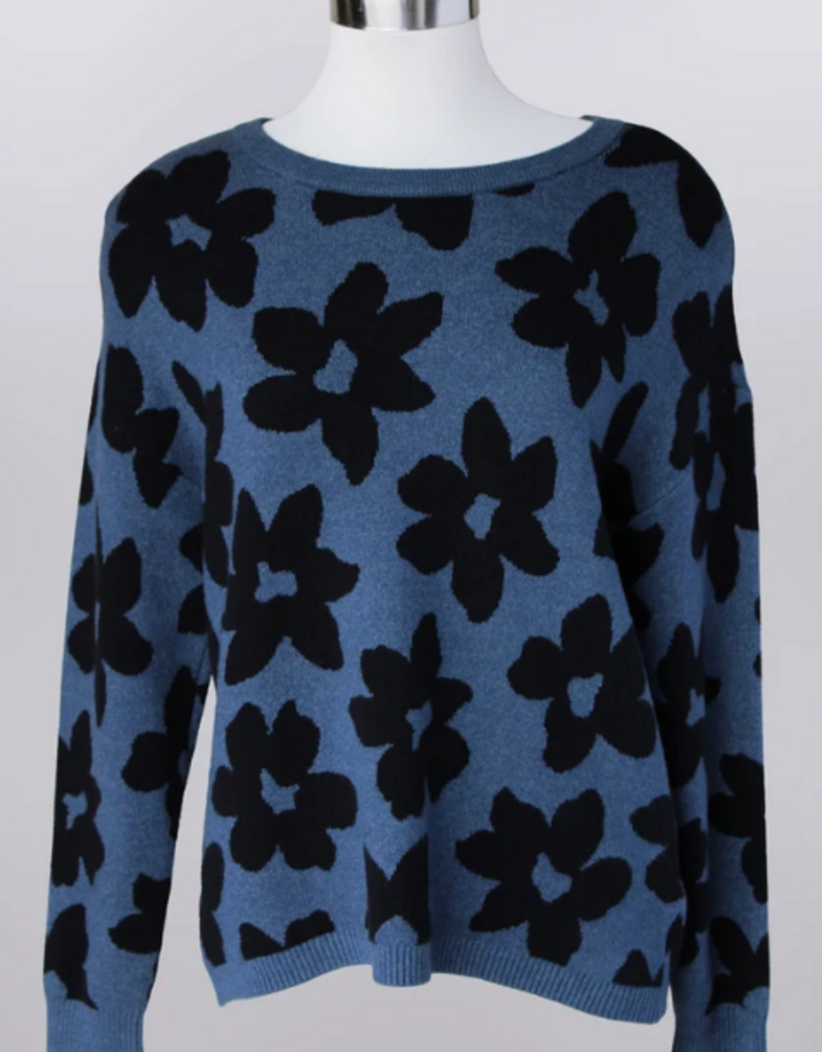 Keren Hart Keren Hart Denim Color Floral Black Print Round Neck Long Sleeve Sweater