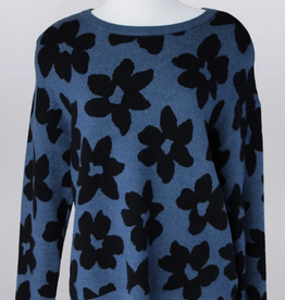 Keren Hart Keren Hart Denim Color Floral Black Print Round Neck Long Sleeve Sweater