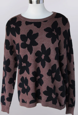 Keren Hart Keren Hart Espresso Color Floral Black Print Round Neck Long Sleeve Sweater