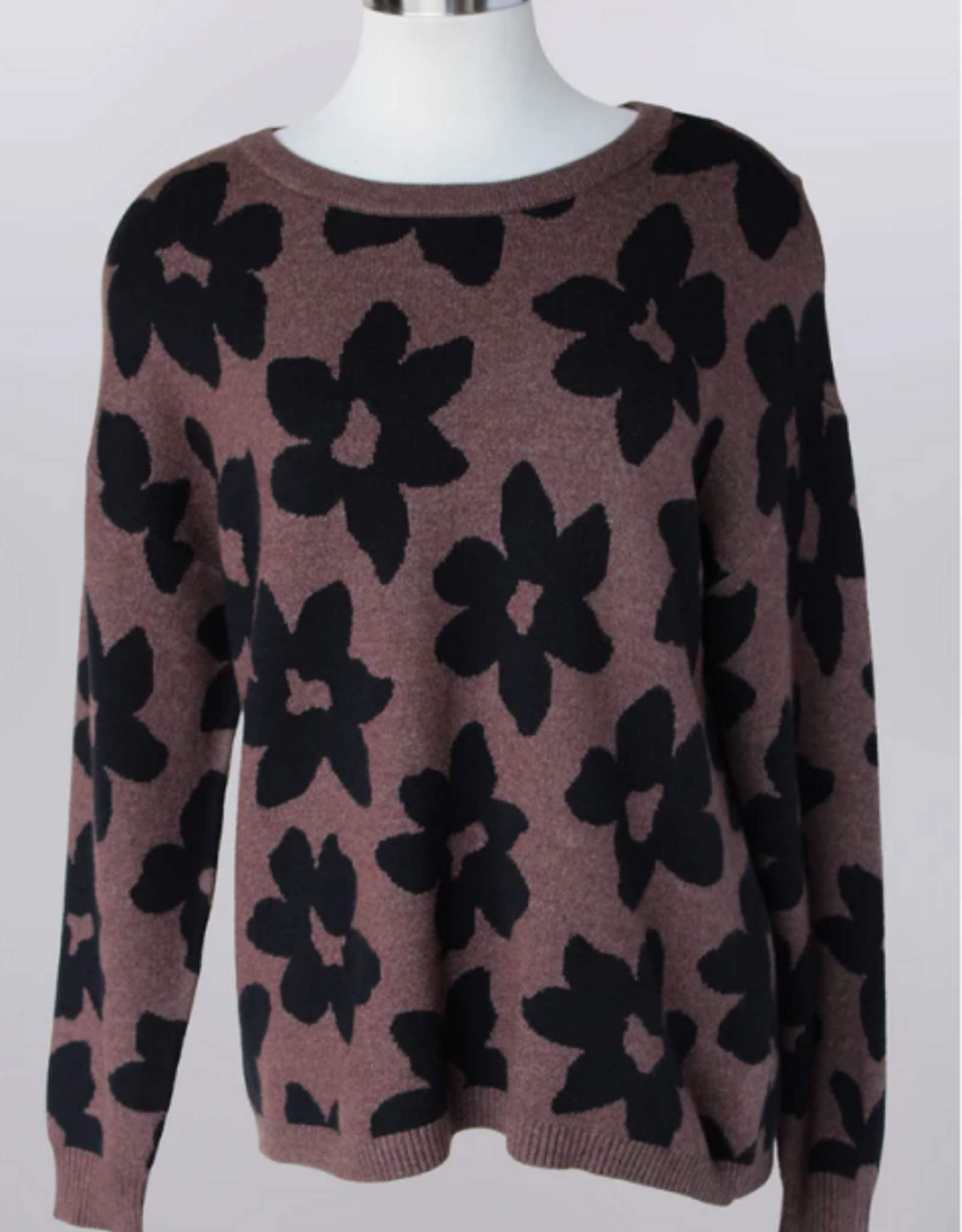 Keren Hart Keren Hart Espresso Color Floral Black Print Round Neck Long Sleeve Sweater