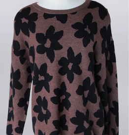 Keren Hart Keren Hart Espresso Color Floral Black Print Round Neck Long Sleeve Sweater