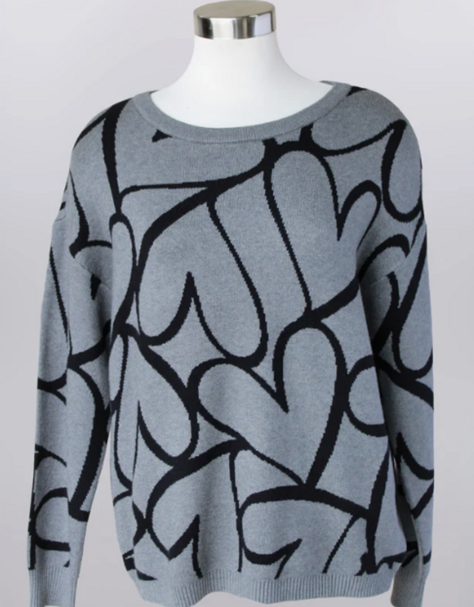 Keren Hart Keren Hart Gray/Black Hearts Print Round Neck Long Sleeve Sweater