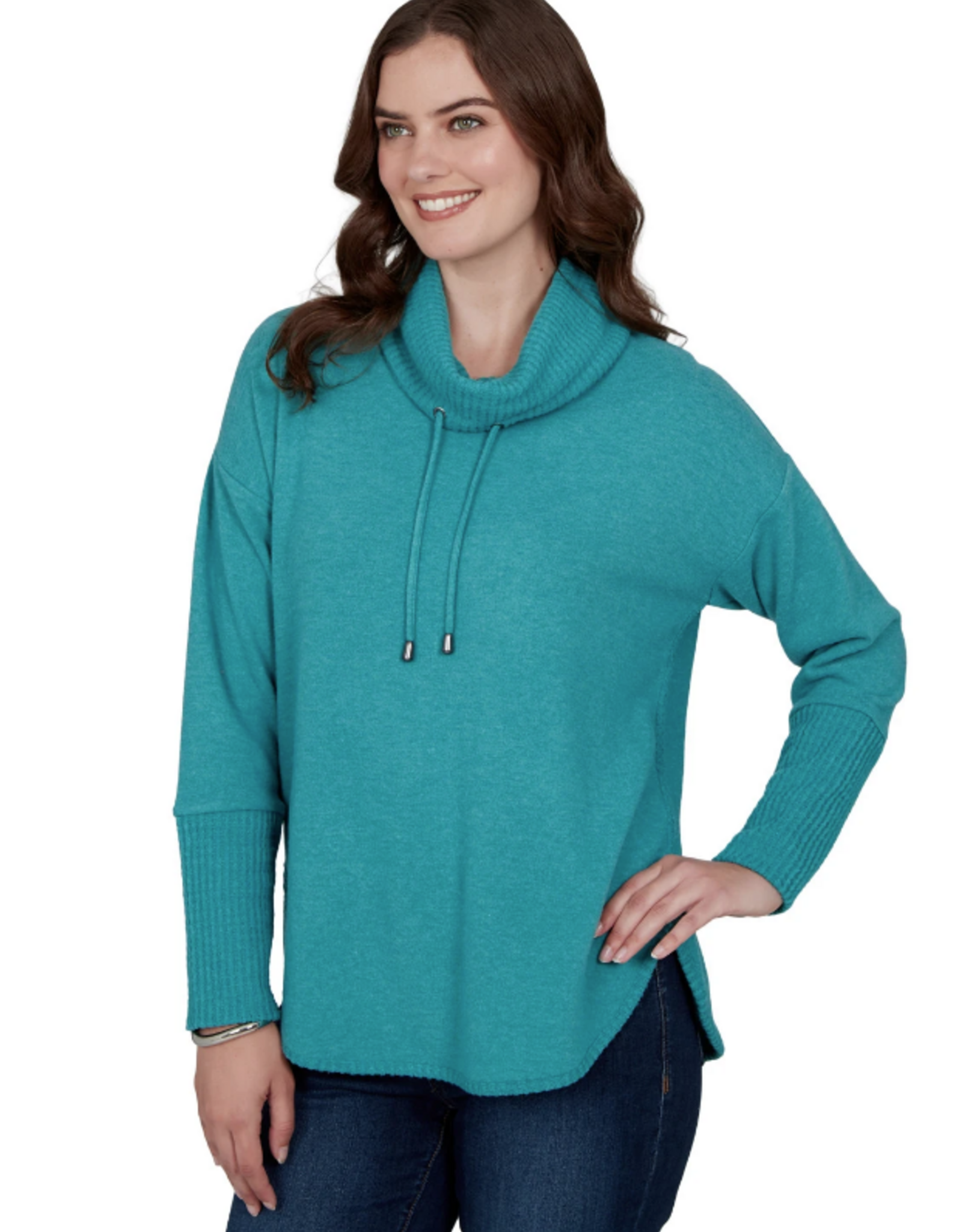Ruby Road Ruby Rd Teal Solid Petite Cozy Cowl Neck L/S Pullover Top