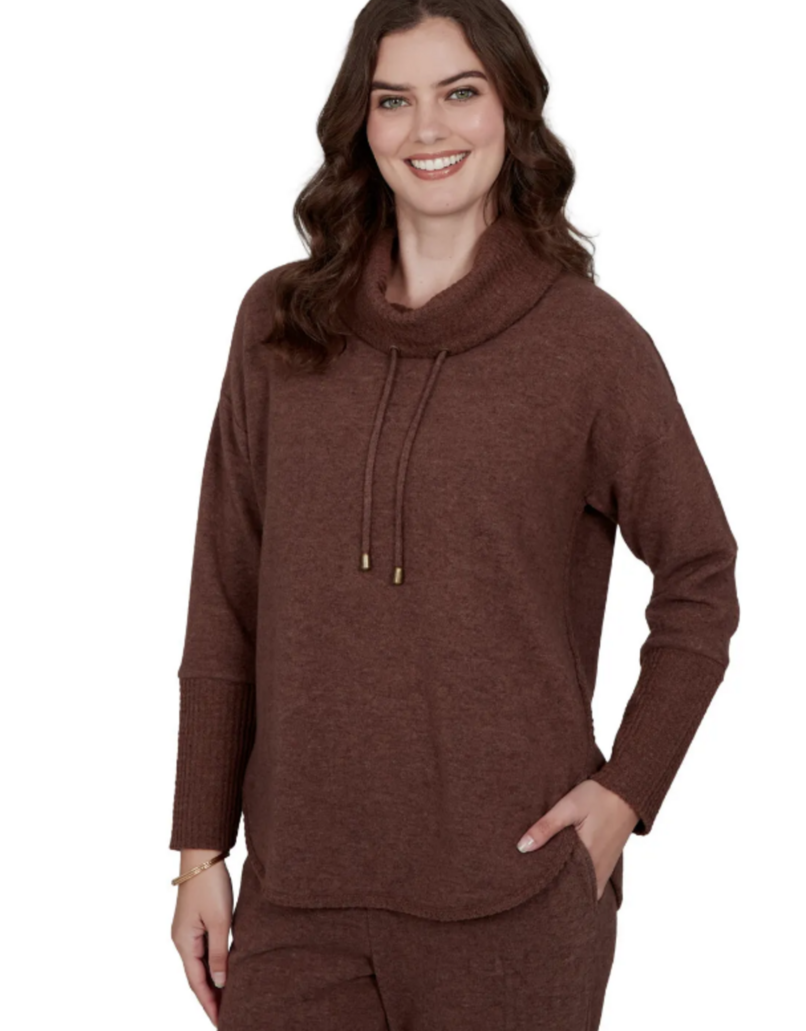 Ruby Road Ruby Rd 52950 Walnut Solid Petite Cozy Cowl Neck L/S Pullover Top