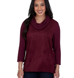 Ruby Rd Ruby Rd Fig Cowl Neck Faux Suede Front Knit Back Top