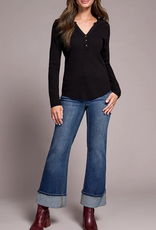 Tribal Tribal Black  V-Neck Waffle Texture long Sleeve Top