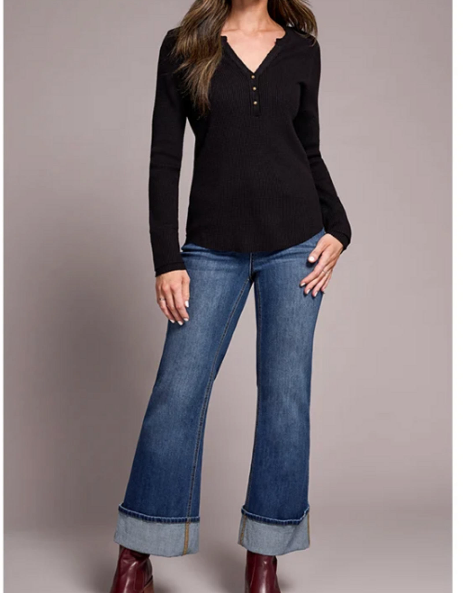 Tribal Tribal Black  V-Neck Waffle Texture long Sleeve Top