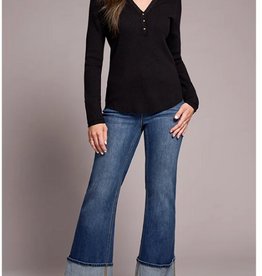 Tribal Tribal Black  V-Neck Waffle Texture long Sleeve Top