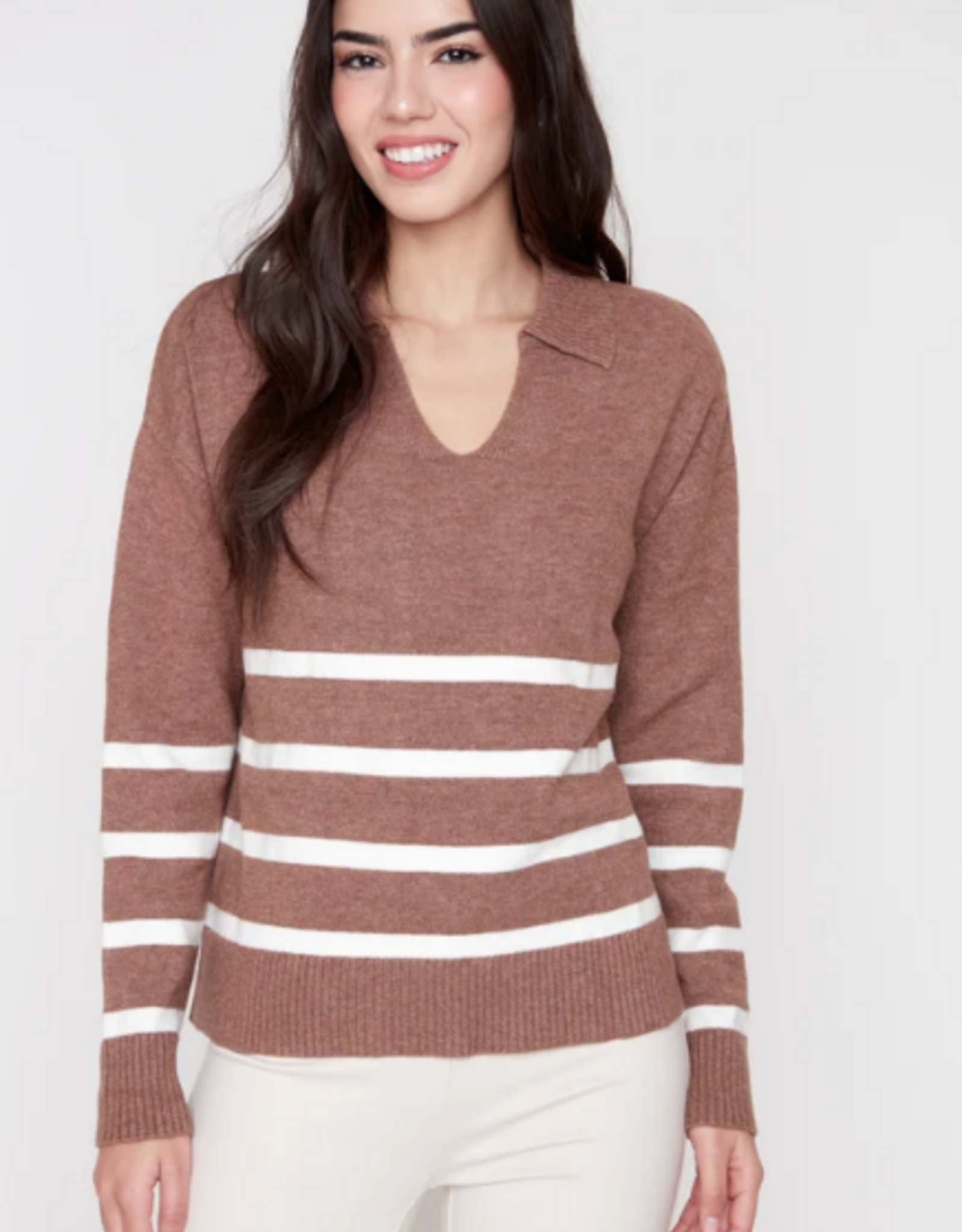 Renuar Renuar Tiramisu Johnny Collar Striped Long Sleeve Sweater