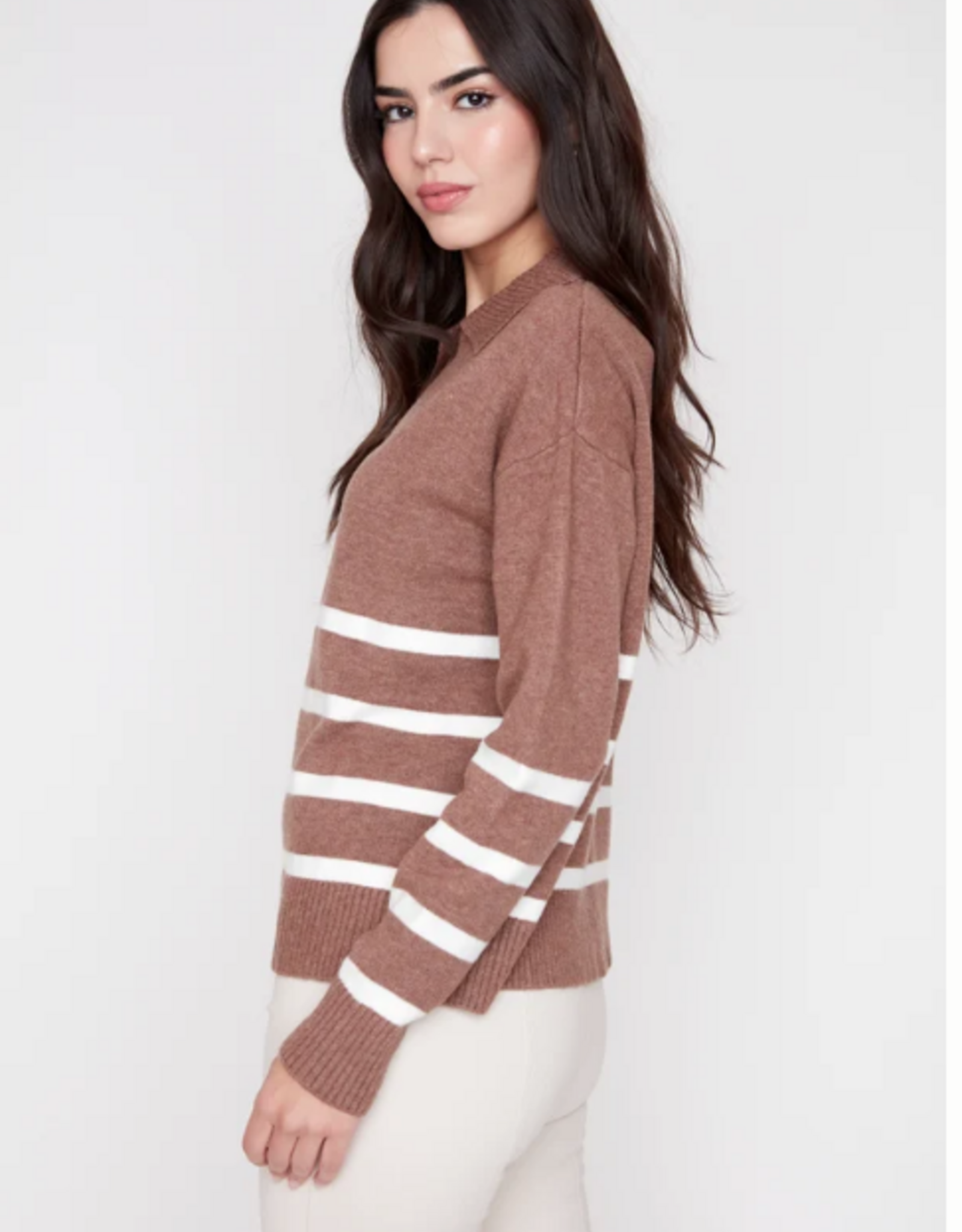 Renuar Renuar Tiramisu Johnny Collar Striped Long Sleeve Sweater