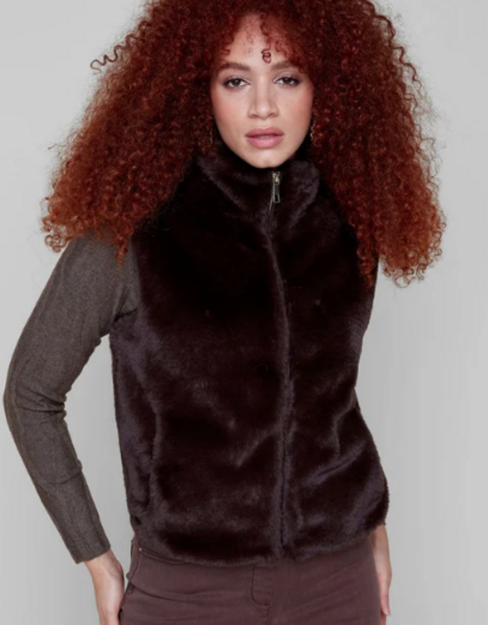 Renuar Renuar Chocolate Zip Up  Faux Fur Short Vest