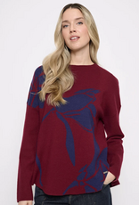 Picadilly Piccdilly Cabernet/Denim Floral Funnel Neck L/S Sweater