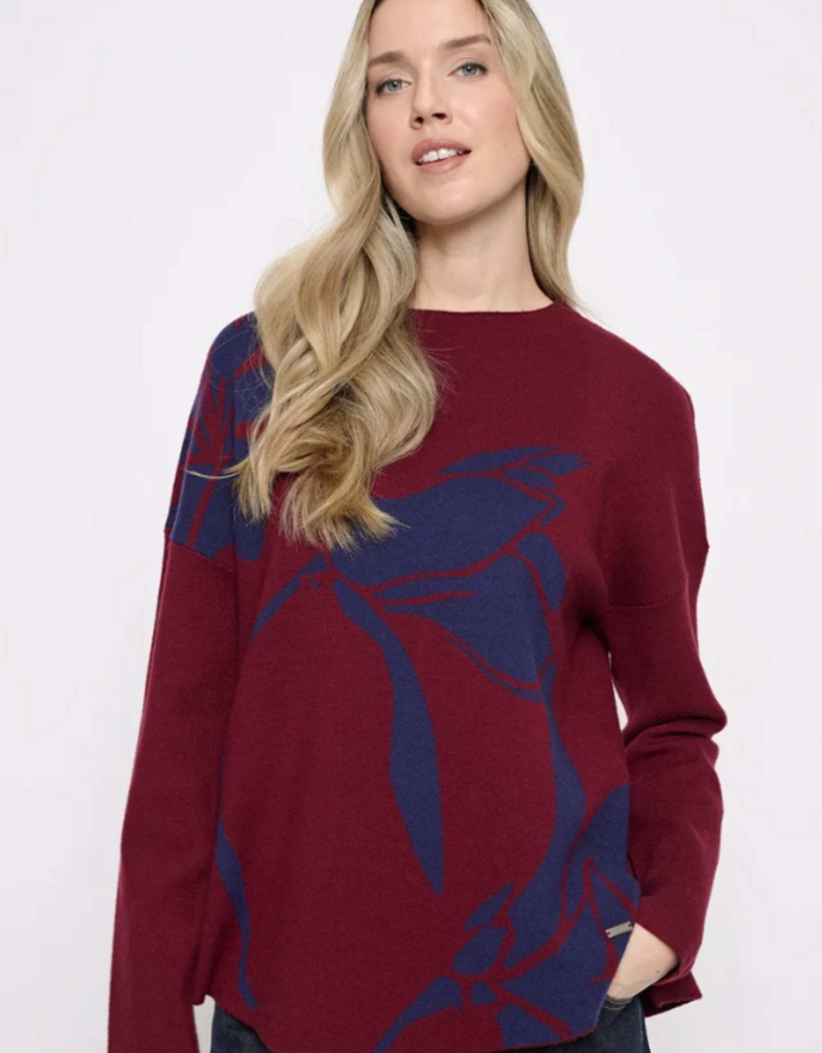 Picadilly Piccdilly Cabernet/Denim Floral Funnel Neck L/S Sweater
