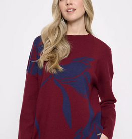 Picadilly Piccdilly Cabernet/Denim Floral Funnel Neck L/S Sweater