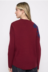Picadilly Piccdilly Cabernet/Denim Floral Funnel Neck L/S Sweater