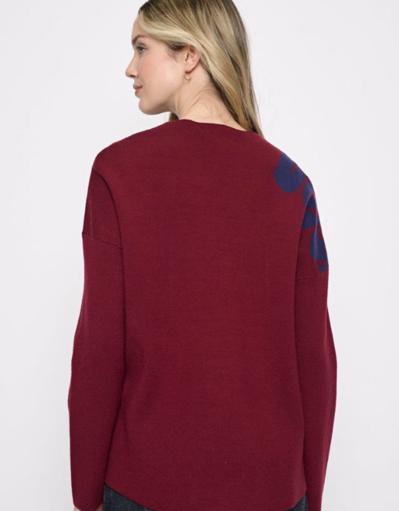 Picadilly Piccdilly Cabernet/Denim Floral Funnel Neck L/S Sweater