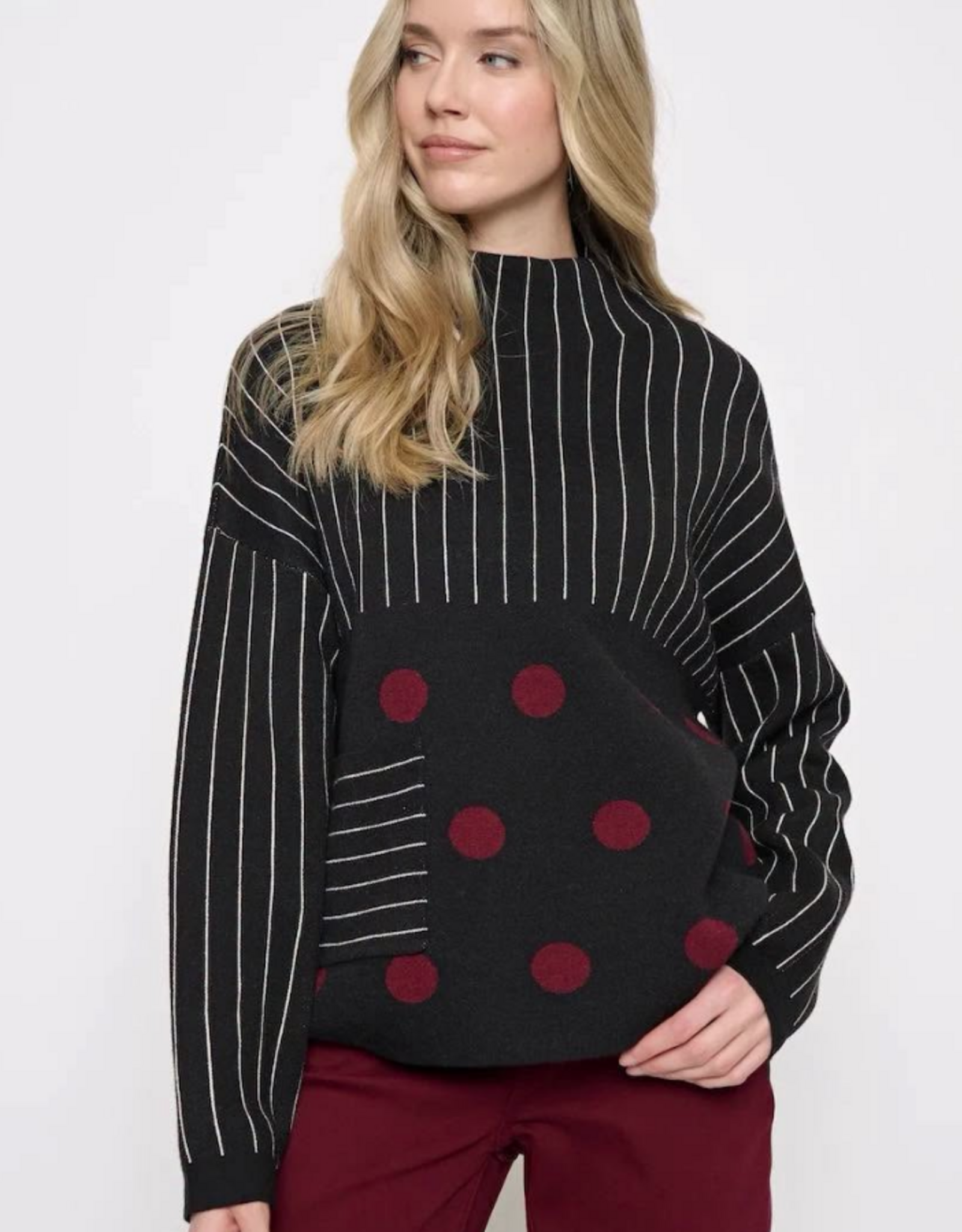 Picadilly Picadilly YE256 Black/Cabernet Polka Dot Stripe Long Sleeve Top