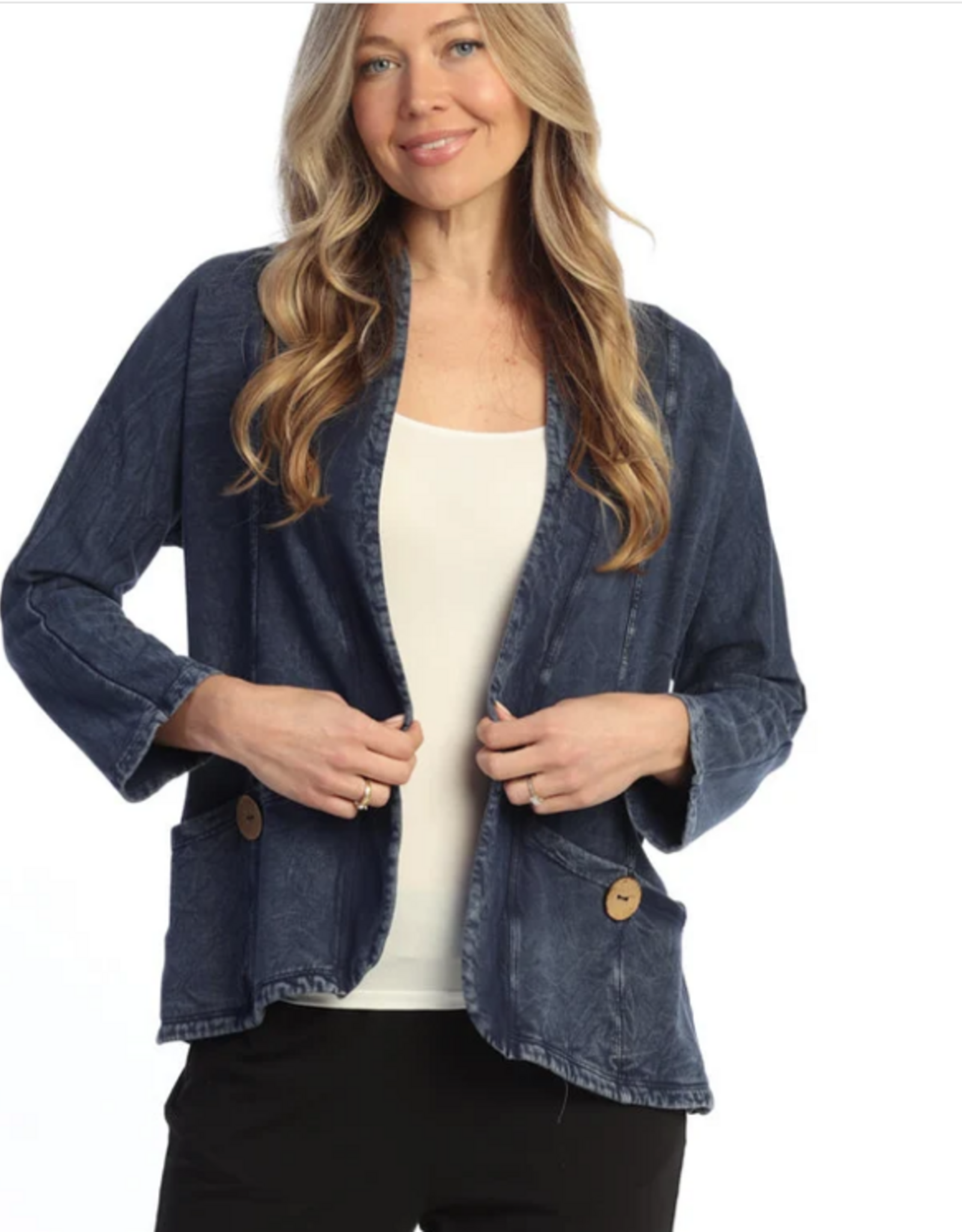Jess & Jane Jess & Jane  Denim Mineral Washed/Garment  Dyed Cotton Fleece Cardigan