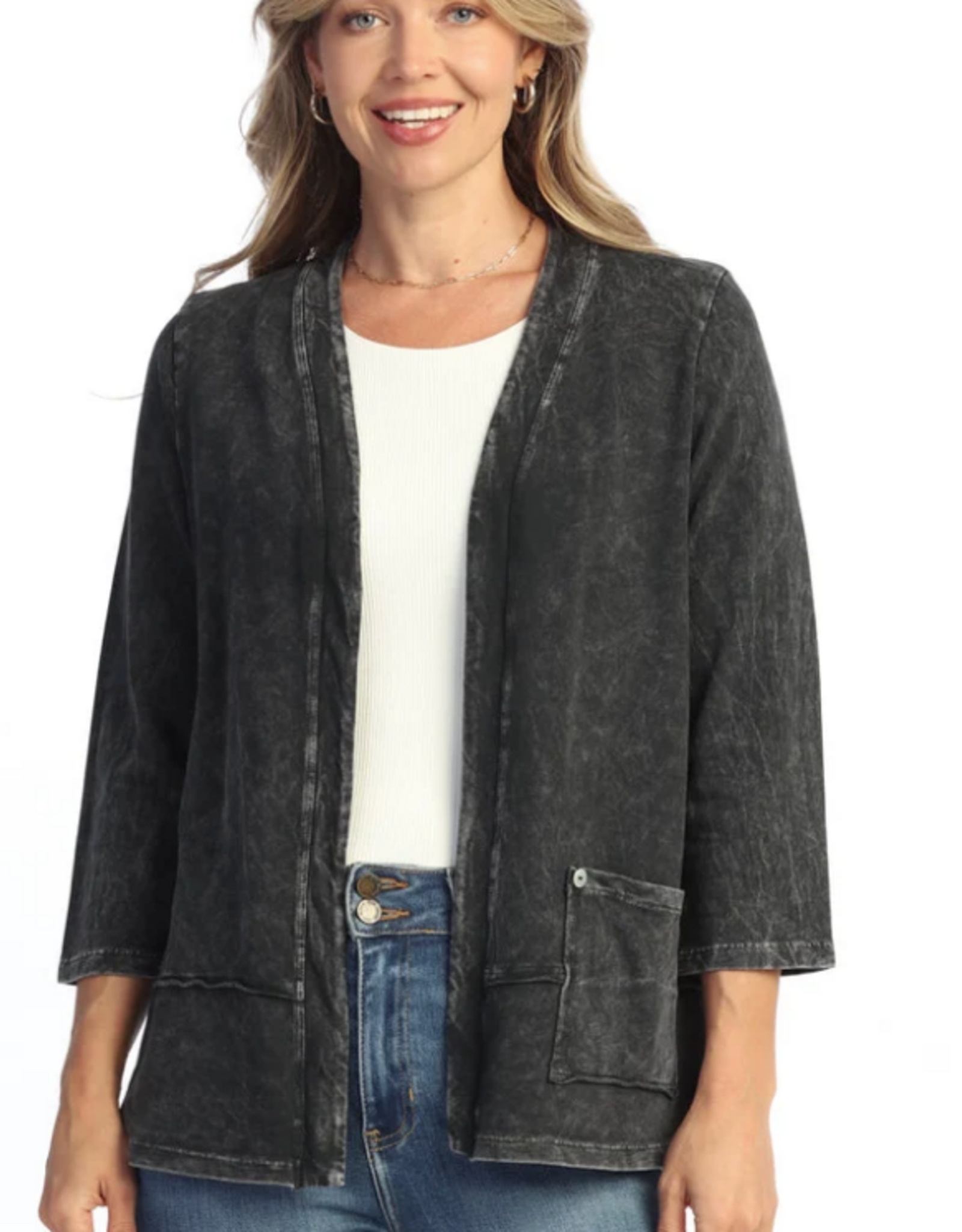 Jess & Jane Jess & Jane M142 Black Denim Color Terry Open Front Cardigan
