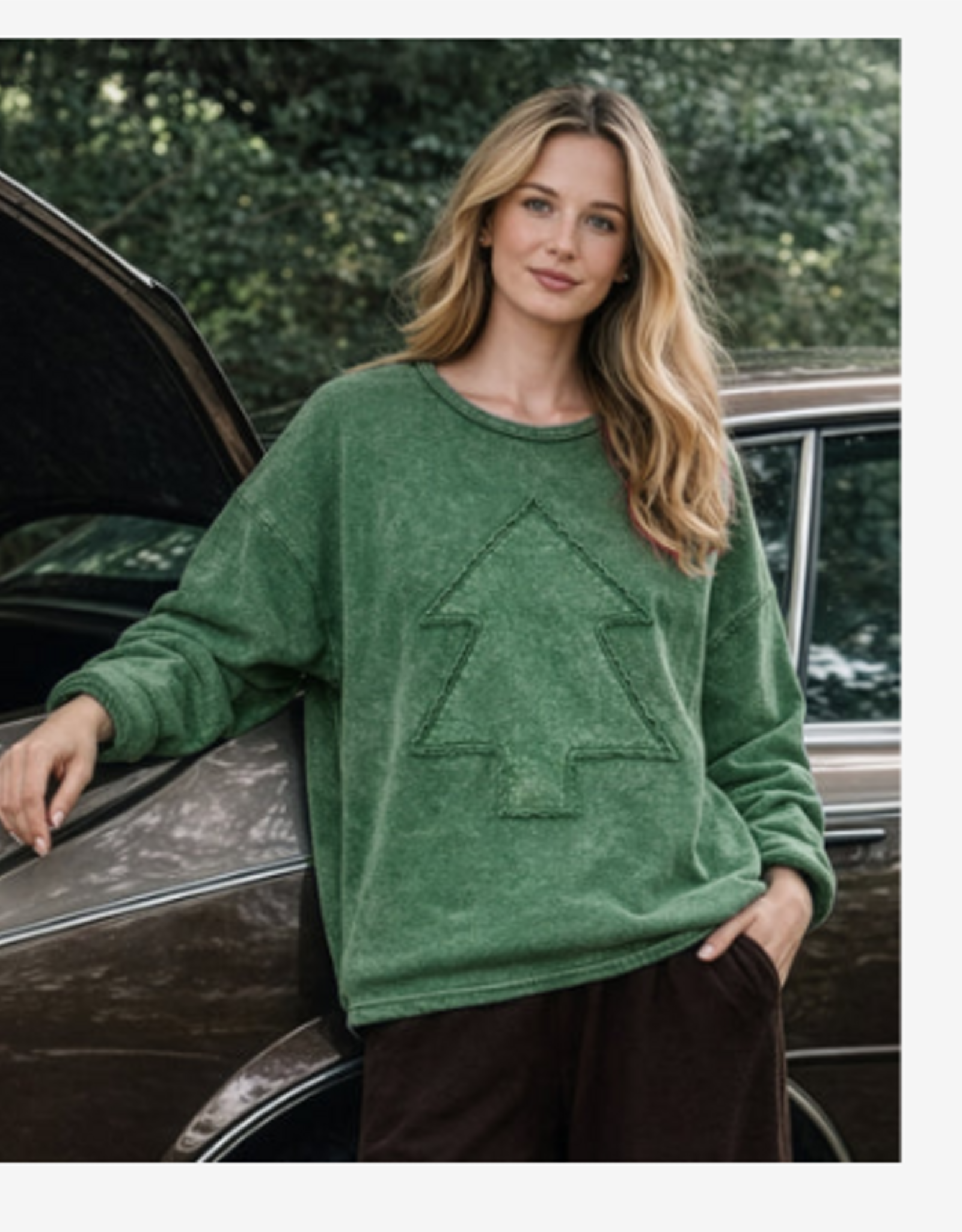 Cotton Lani Cotton Lani  Green With Tree Applique Round Neck Long Sleeve Top