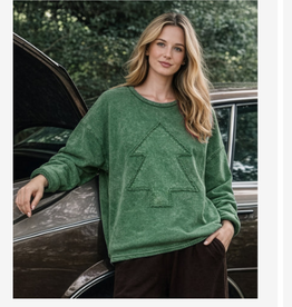 Cotton Lani Cotton Lani  Green With Tree Applique Round Neck Long Sleeve Top