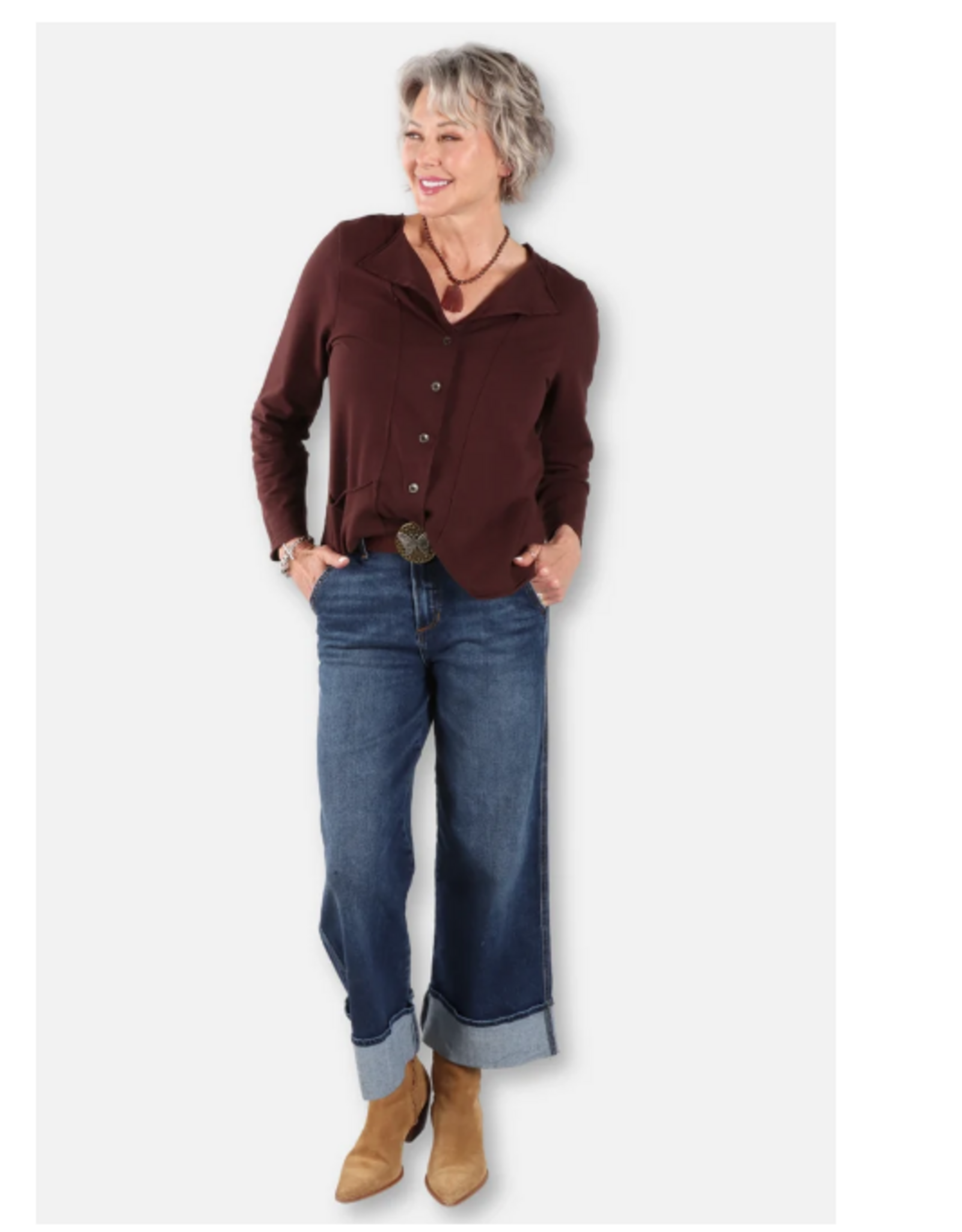 Cotton Lani Cotton Lani Chestnut Folded Down Collar Button Up Cardigan