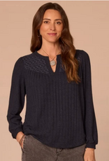 Democracy Democracy  Navy Mandarin Collar Half Placket Long Blouson Sleeve  Knit Top