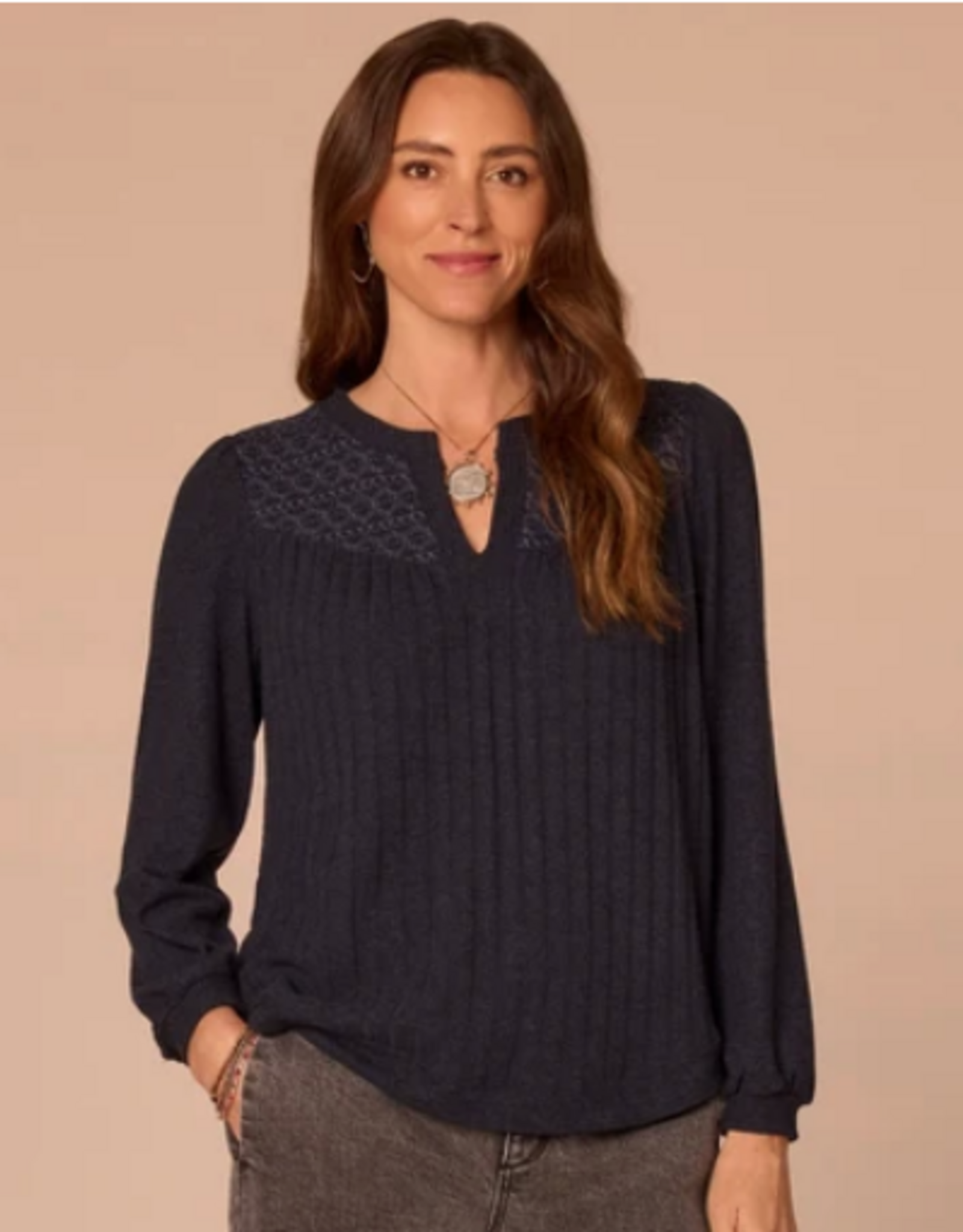 Democracy Democracy  Navy Mandarin Collar Half Placket Long Blouson Sleeve  Knit Top