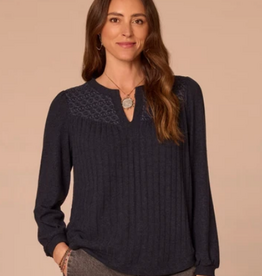 Democracy Democracy Navy Mandarin Collar Half Placket Long Blouson Sleeve  Knit Top