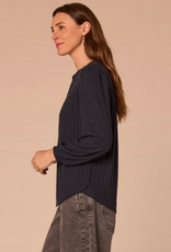 Democracy Democracy  Navy Mandarin Collar Half Placket Long Blouson Sleeve  Knit Top