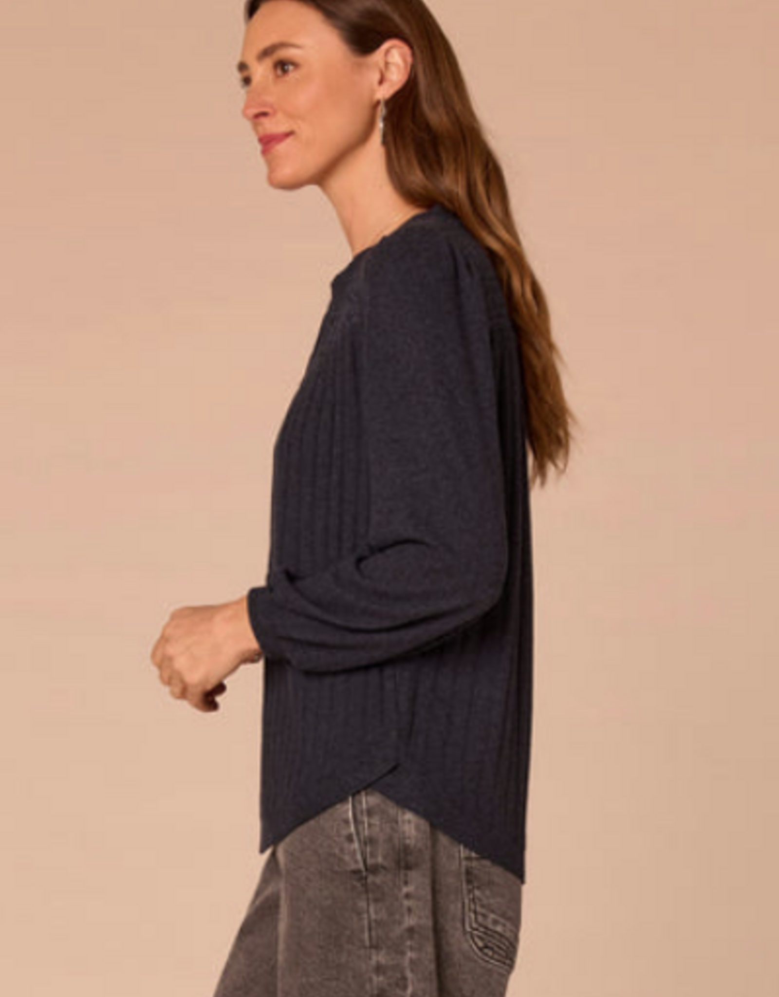 Democracy Democracy  Navy Mandarin Collar Half Placket Long Blouson Sleeve  Knit Top