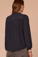 Democracy Democracy  Navy Mandarin Collar Half Placket Long Blouson Sleeve  Knit Top