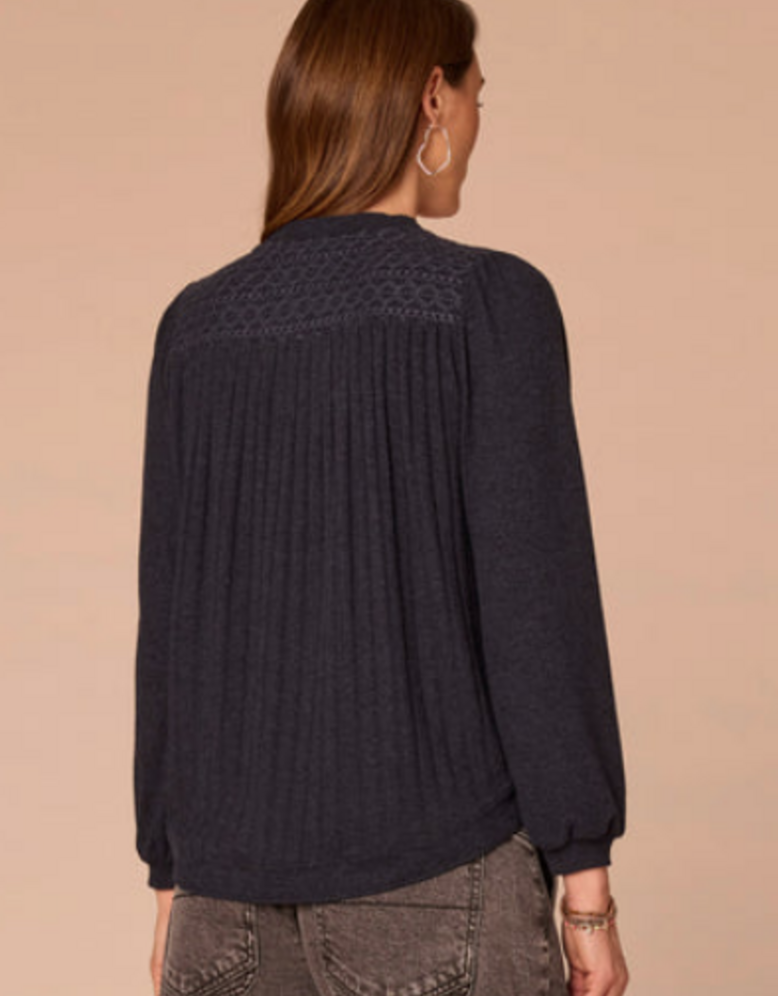 Democracy Democracy  Navy Mandarin Collar Half Placket Long Blouson Sleeve  Knit Top