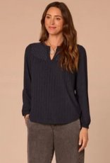 Democracy Democracy  Navy Mandarin Collar Half Placket Long Blouson Sleeve  Knit Top
