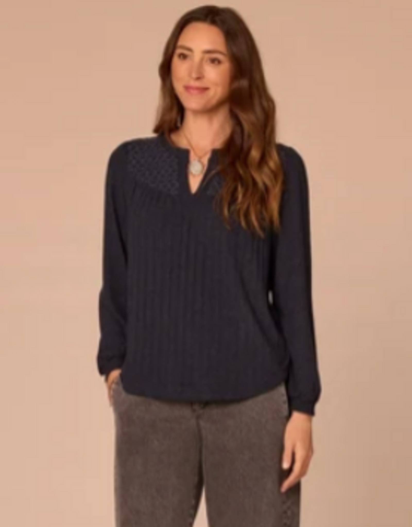 Democracy Democracy  Navy Mandarin Collar Half Placket Long Blouson Sleeve  Knit Top