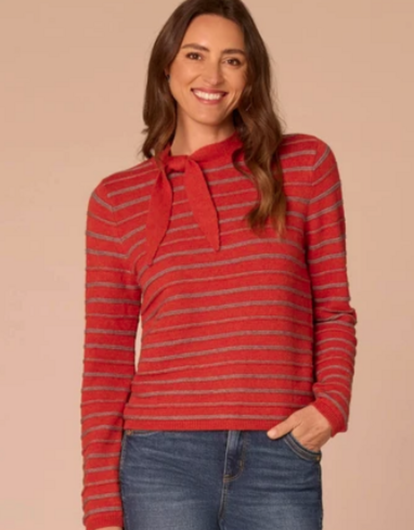 Kylie Paige Democracy Pumpkin Spice Round Neck Self Tie Textured Stripe Sweater