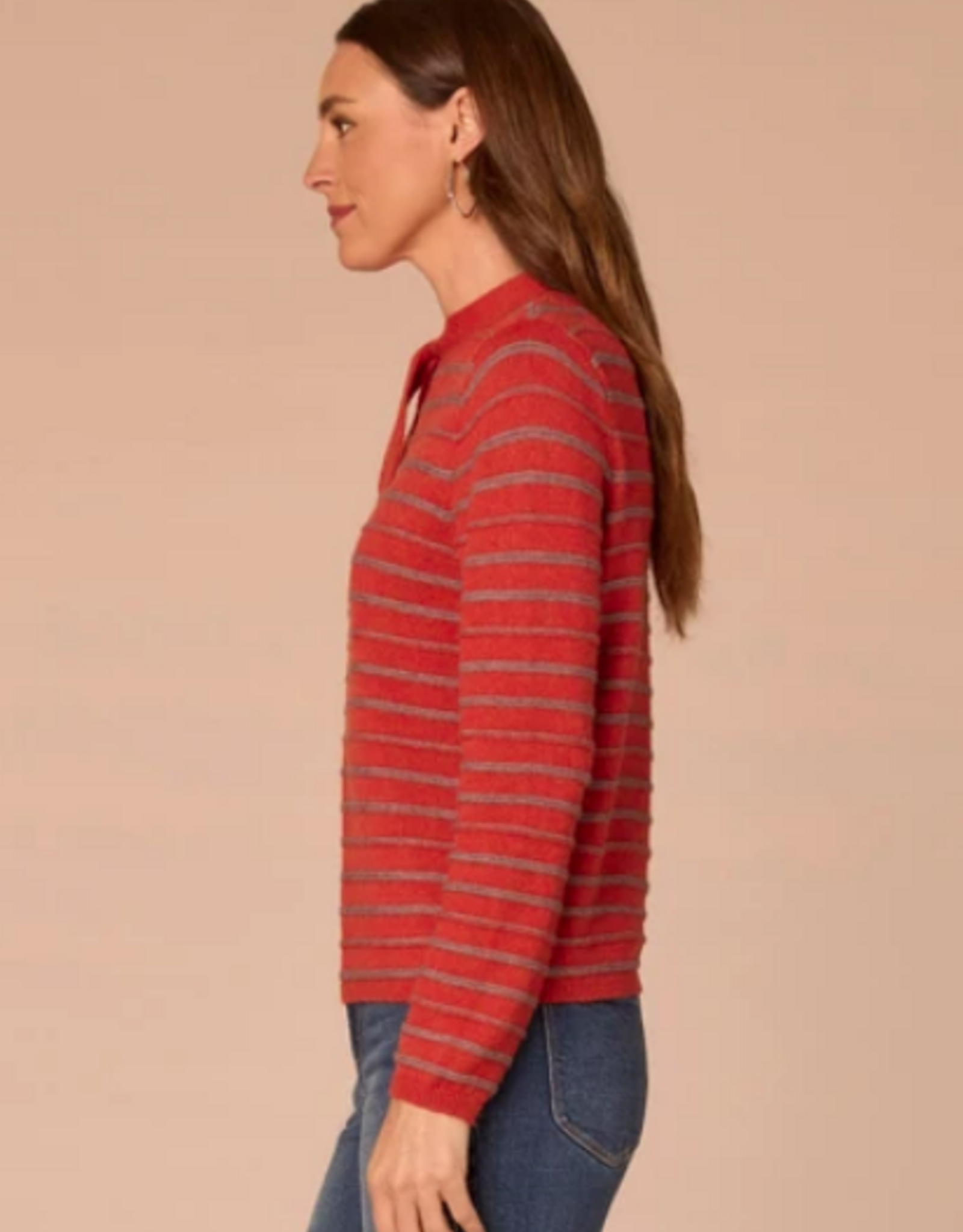 Kylie Paige Democracy Pumpkin Spice Round Neck Self Tie Textured Stripe Sweater