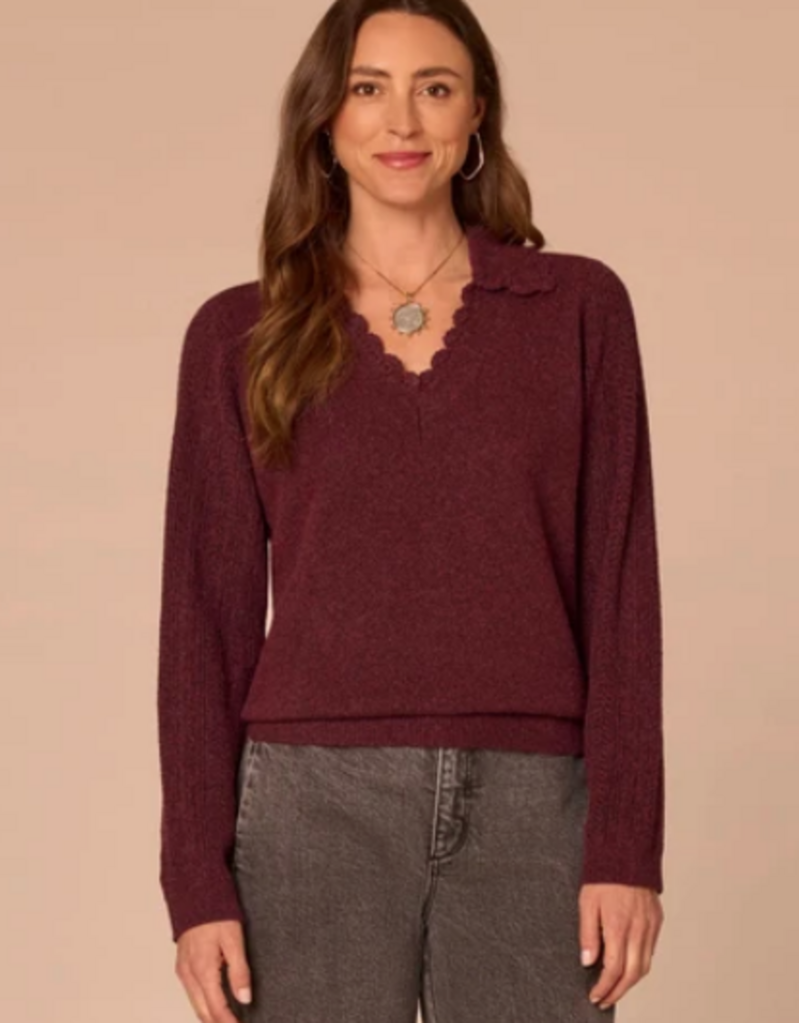 Democracy Democracy Fig Jam  Collar V-Neck Crochet Scallop Sweater