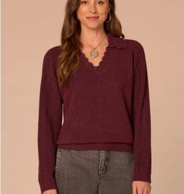 Democracy Democracy Fig Jam  Collar V-Neck Crochet Scallop Sweater