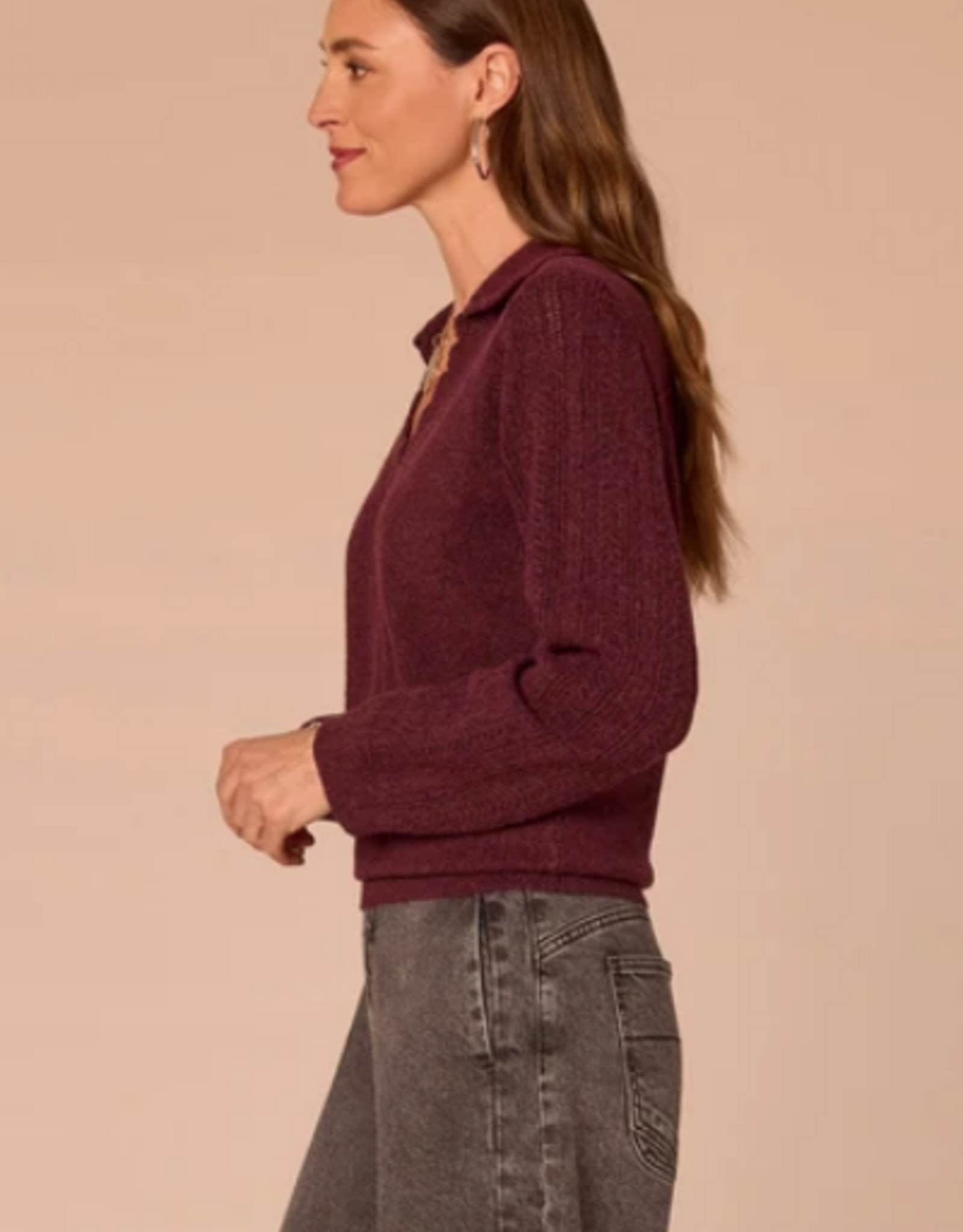 Democracy Democracy Fig Jam  Collar V-Neck Crochet Scallop Sweater