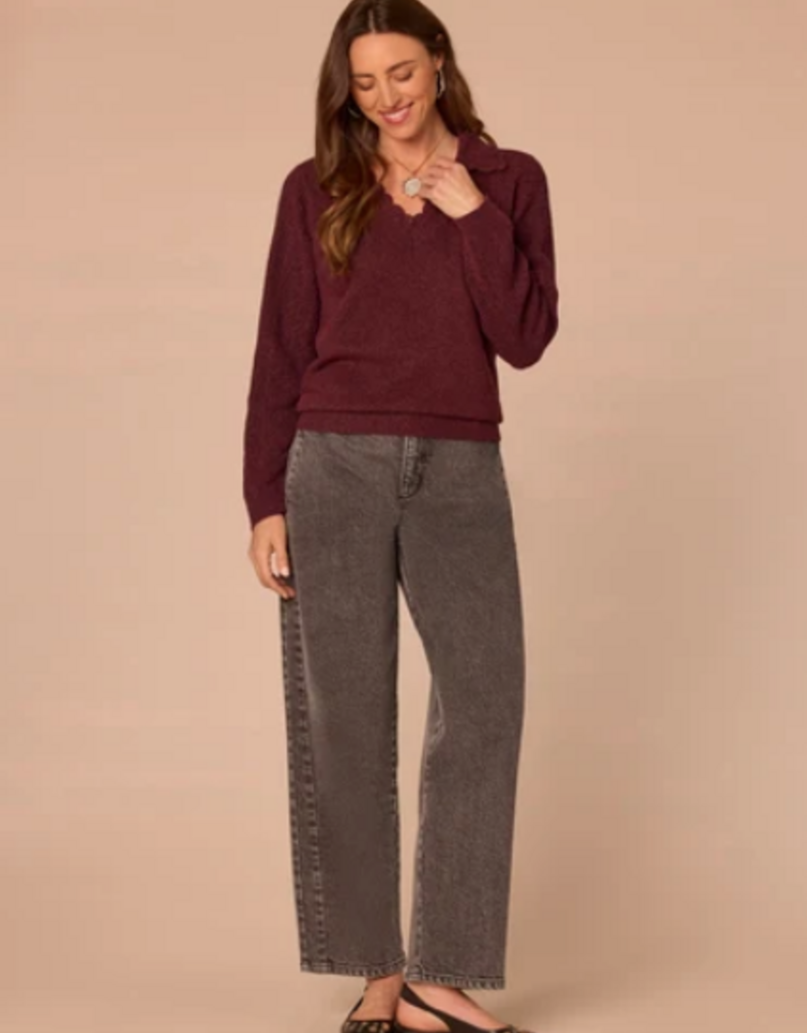 Democracy Democracy Fig Jam  Collar V-Neck Crochet Scallop Sweater