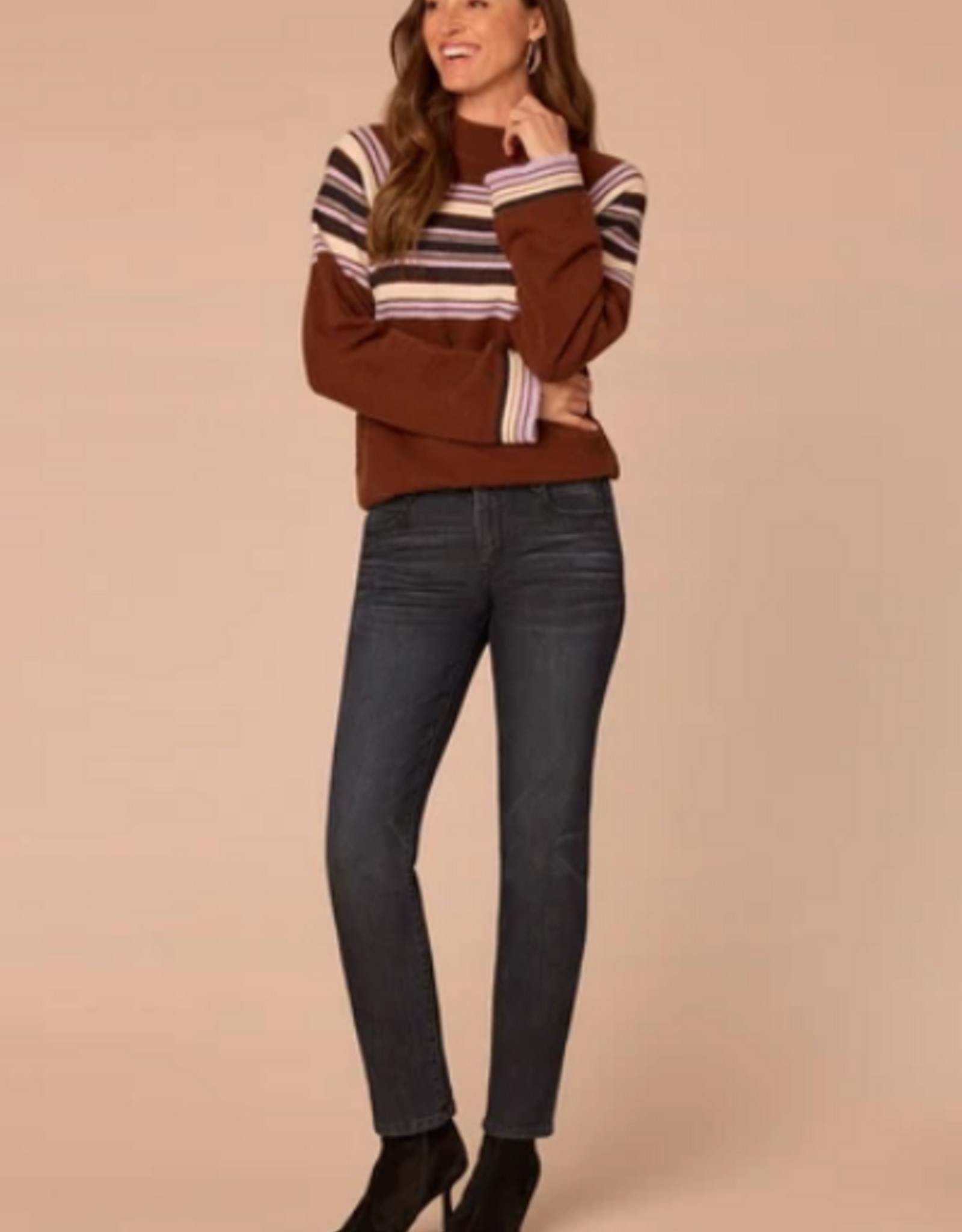 Democracy Democracy Brown Mock Neck Bubble Hem Placement Stripe Sweater