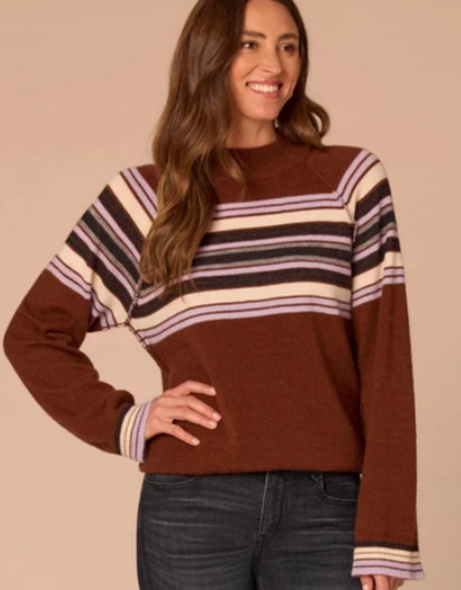 Democracy Democracy Brown Mock Neck Bubble Hem Placement Stripe Sweater