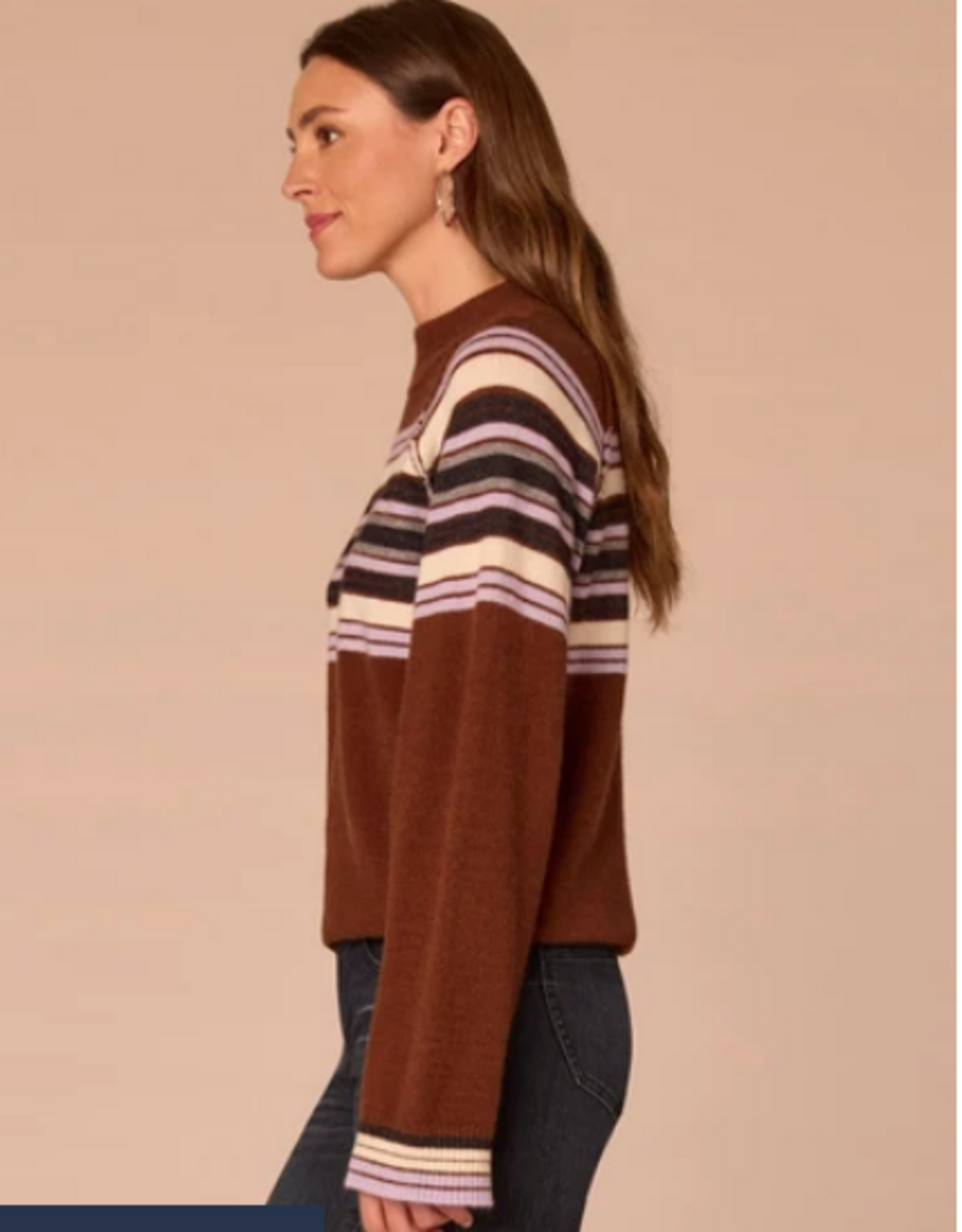 Democracy Democracy Brown Mock Neck Bubble Hem Placement Stripe Sweater
