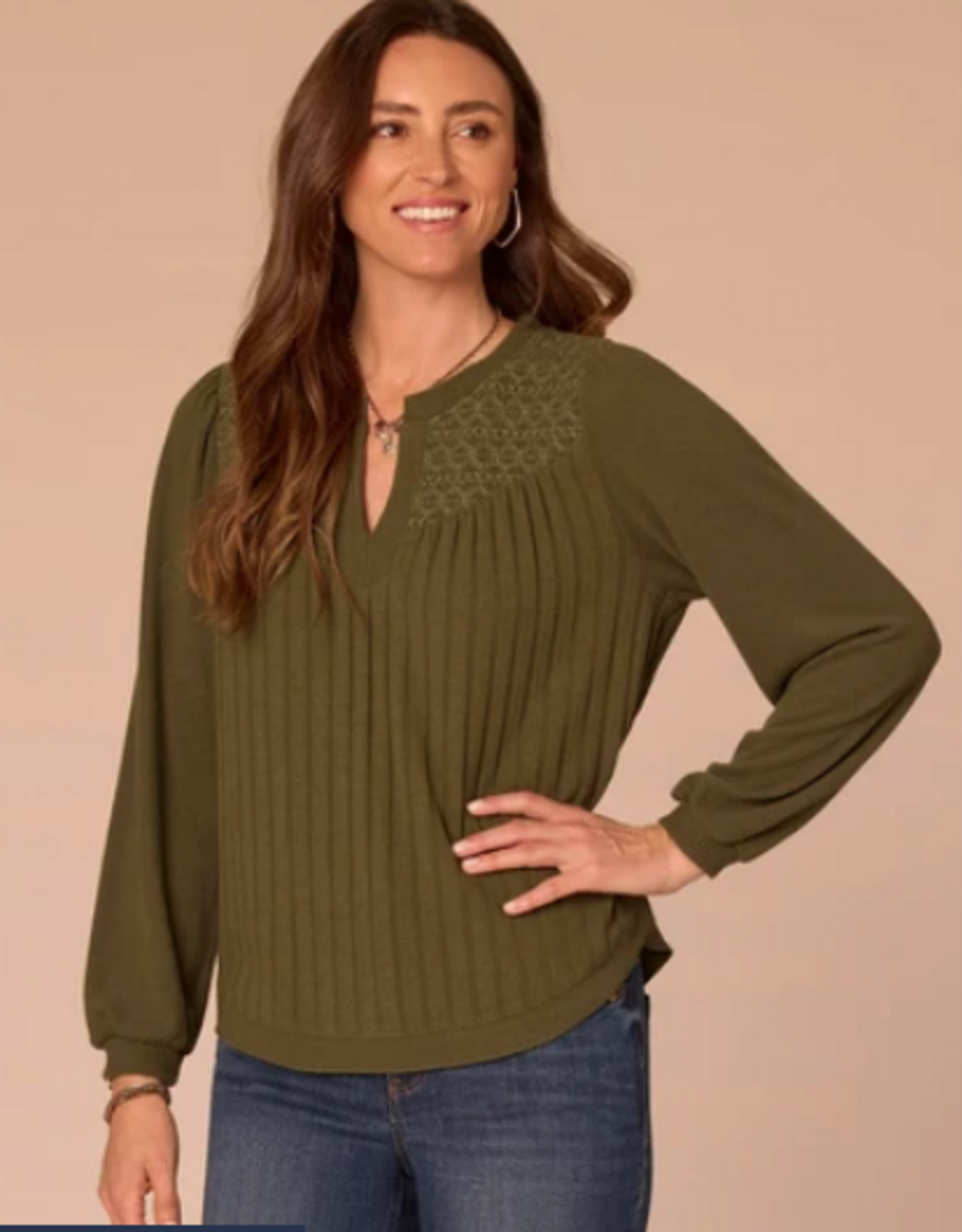 Democracy Democracy Heather Grape Leaf  Mandarin Collar Half Placket Knit Top