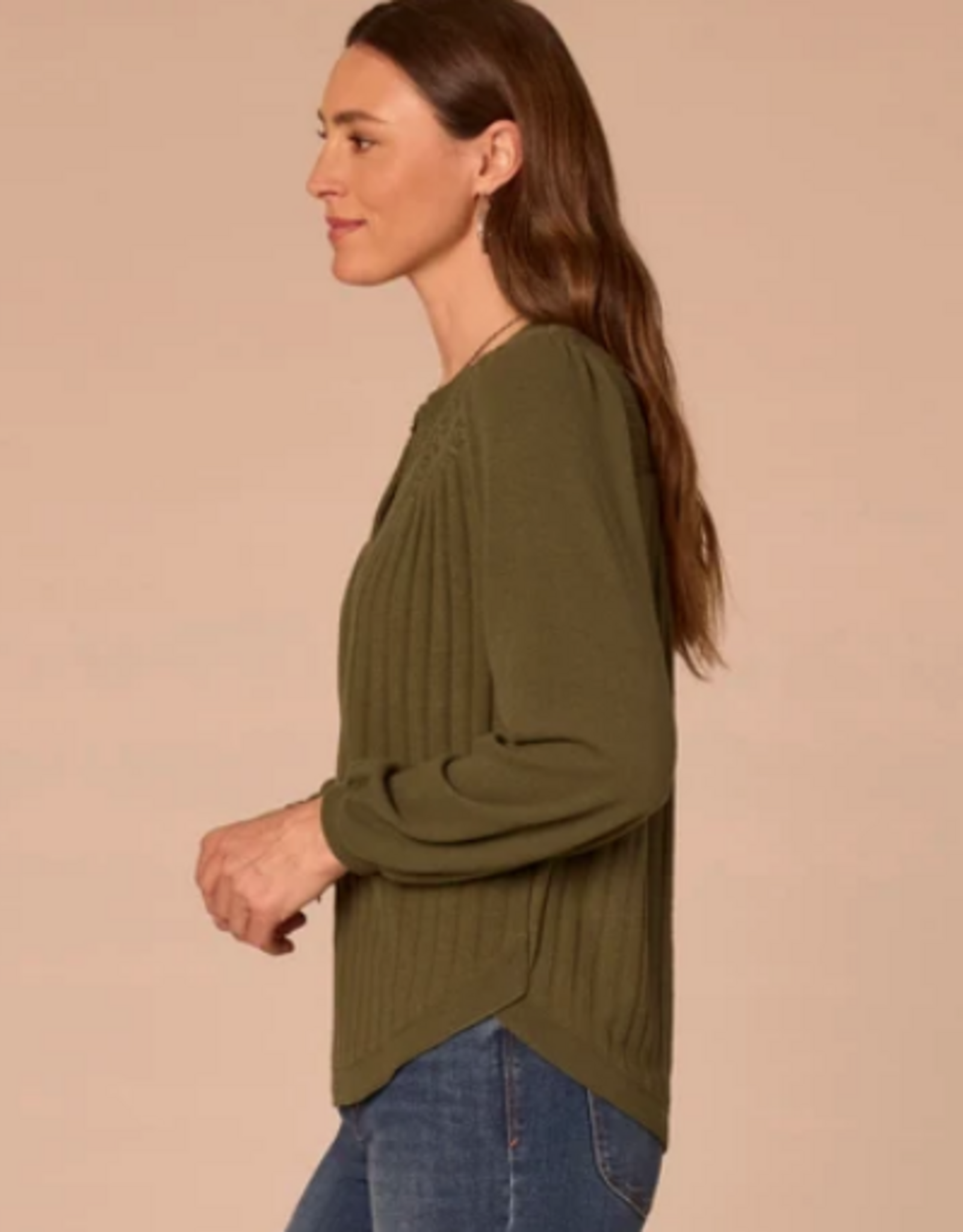 Democracy Democracy Heather Grape Leaf  Mandarin Collar Half Placket Knit Top