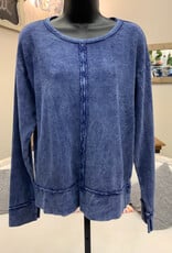 Cotton Lani Cotton Lani  Indigo Mineral Wash Raw Hem Detail Round Neck Long Sleeve Top